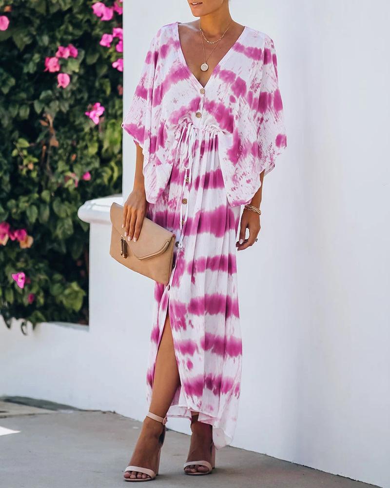 

Tie Dye Print Buttoned Batwing Sleeve Maxi Dress, Hot pink