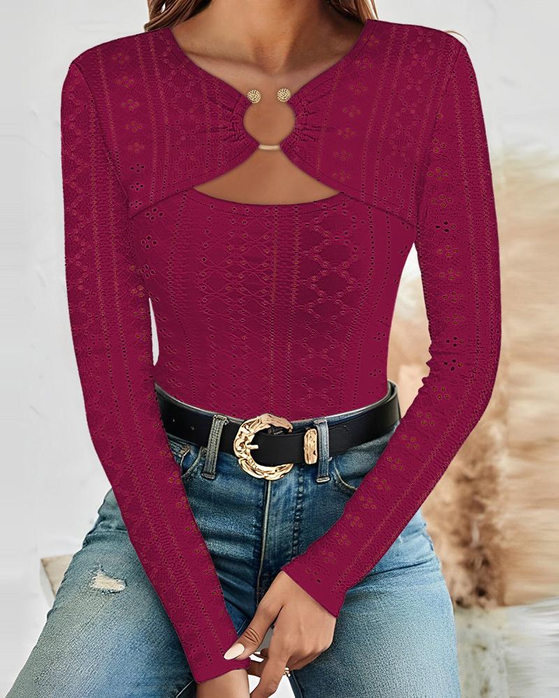 

Ring Decor Eyelet Embroidery Ruched Top, Wine red