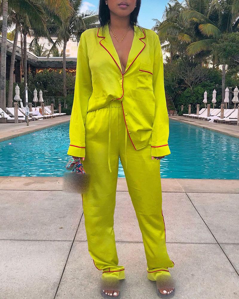 

Satin Contrast Biding Pocket Design Top & Drawstring Pants Set, Yellow