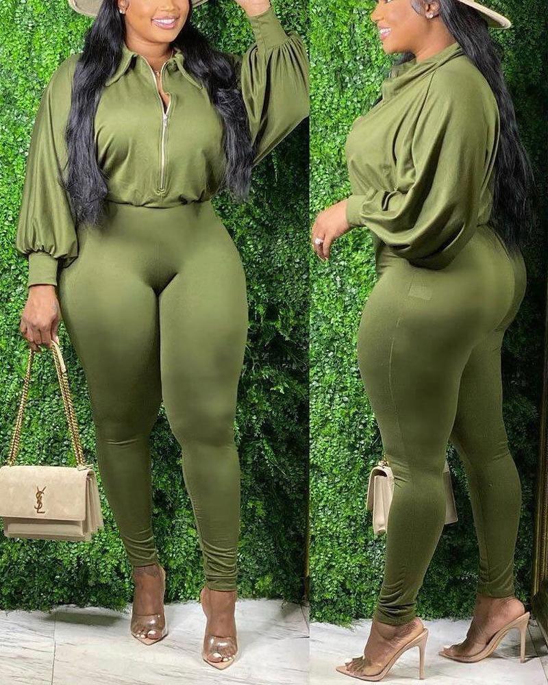 

Plus Size Lantern Sleeve Zip Front Jumpsuit, Green