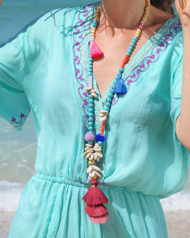 

1pc Bohemian Beaded Layered Tassel Pendant Necklace, Style4