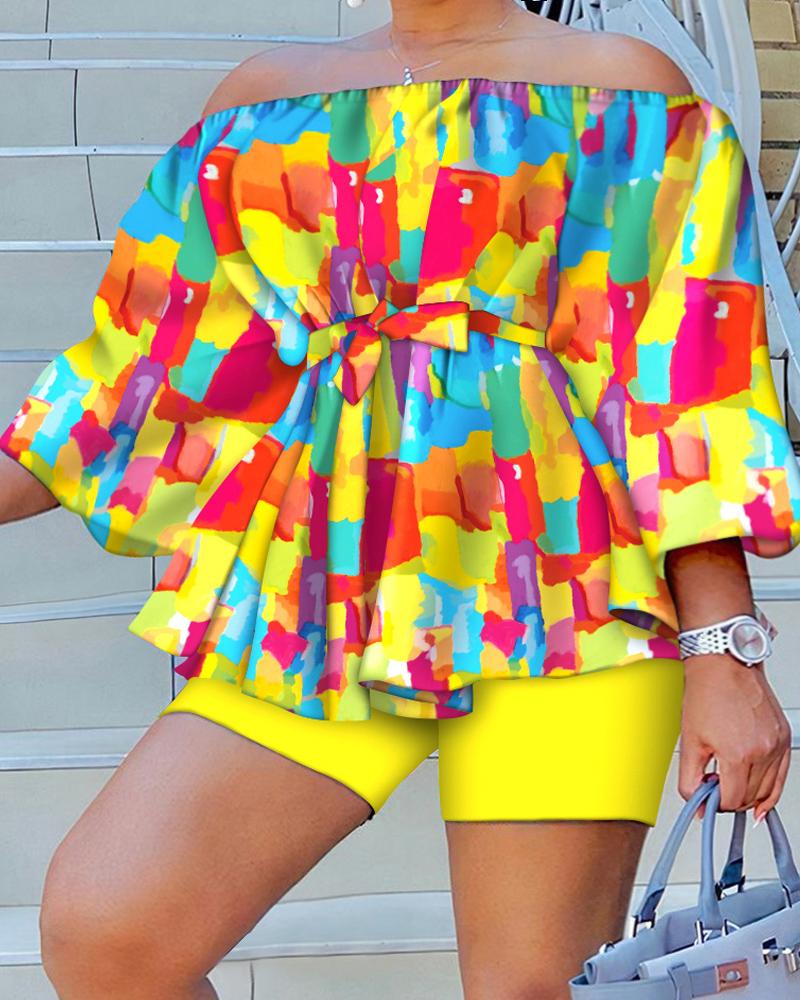 

Plus Size Tie Dye Print Off Shoulder Top & Shorts Set, Yellow