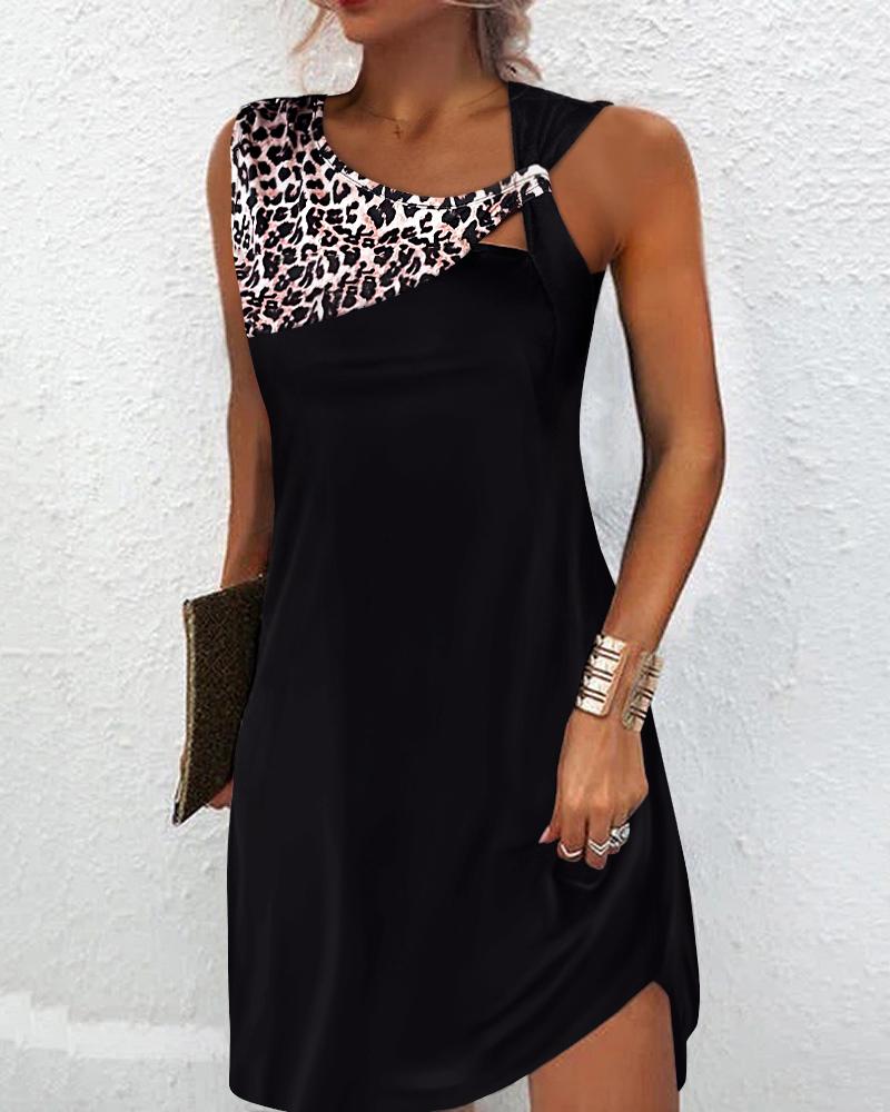 

Leopard Print Patchwork Asymmetrical Neck Casual Dress, Black