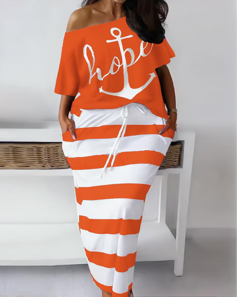 

Plus Size Anchor Letter Print Top & Striped Skirt Set, Orange