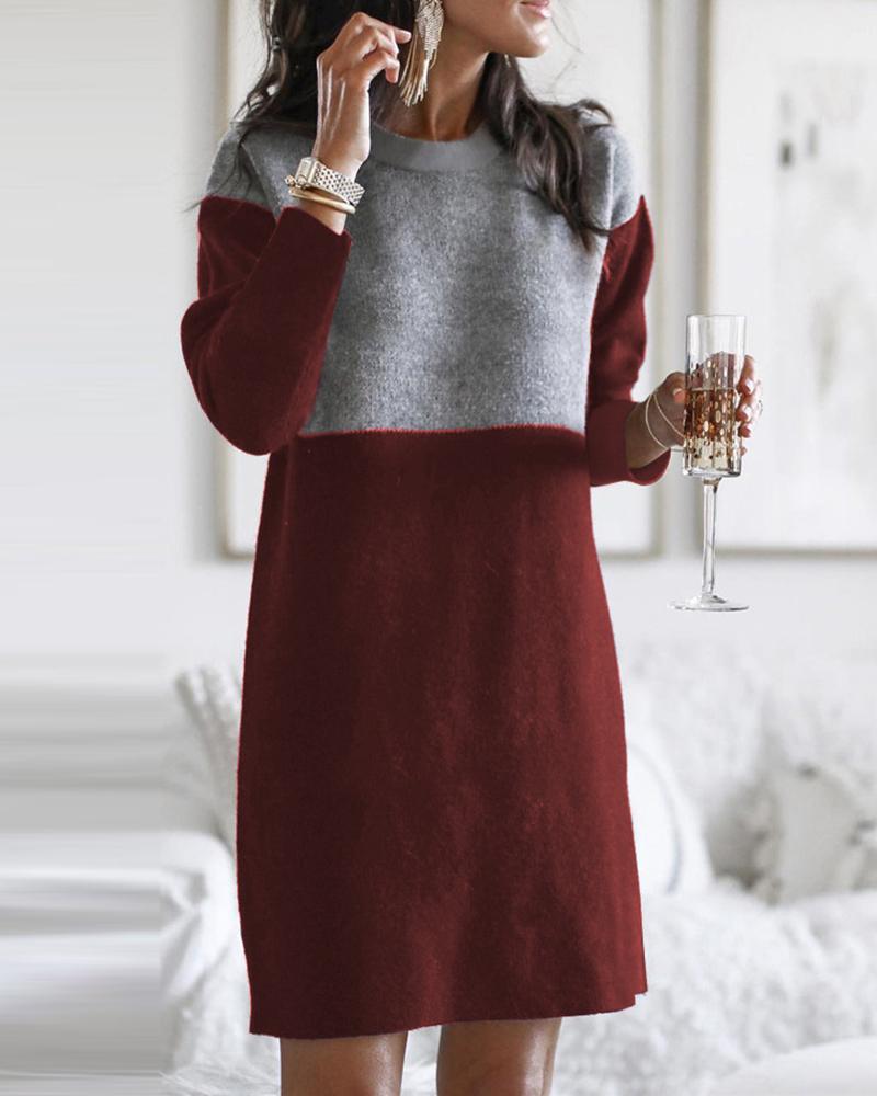 

Colorblock Long Sleeve Casual Midi Women Dress, Wine red