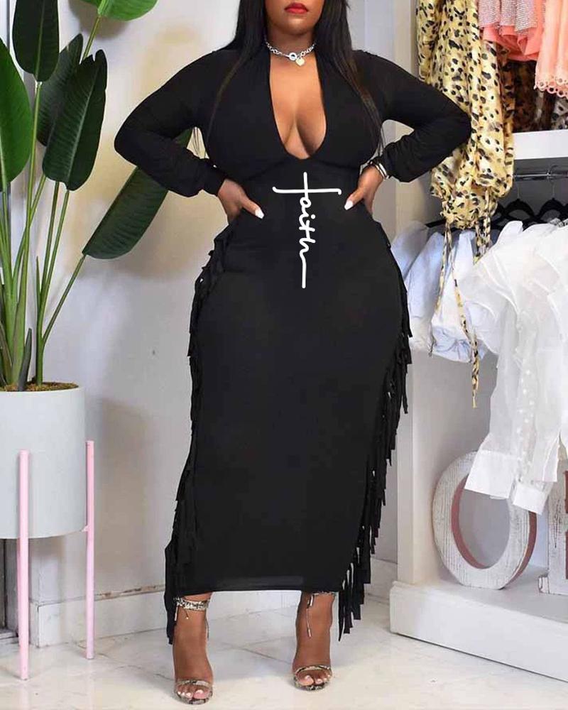 

Plus Size Letter Print Tassel Trim Long Sleeve Dress, Black