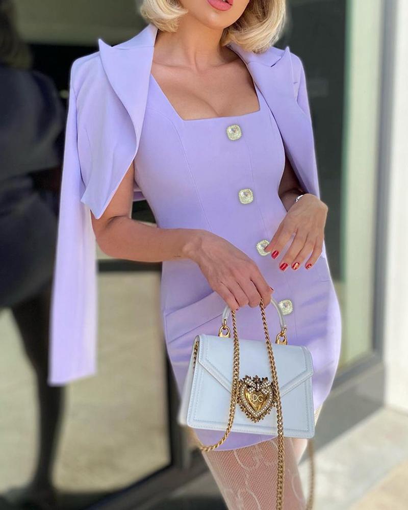 

Rhinestone Button Decor Tank Dress With Crop Blazer Coat, Purple