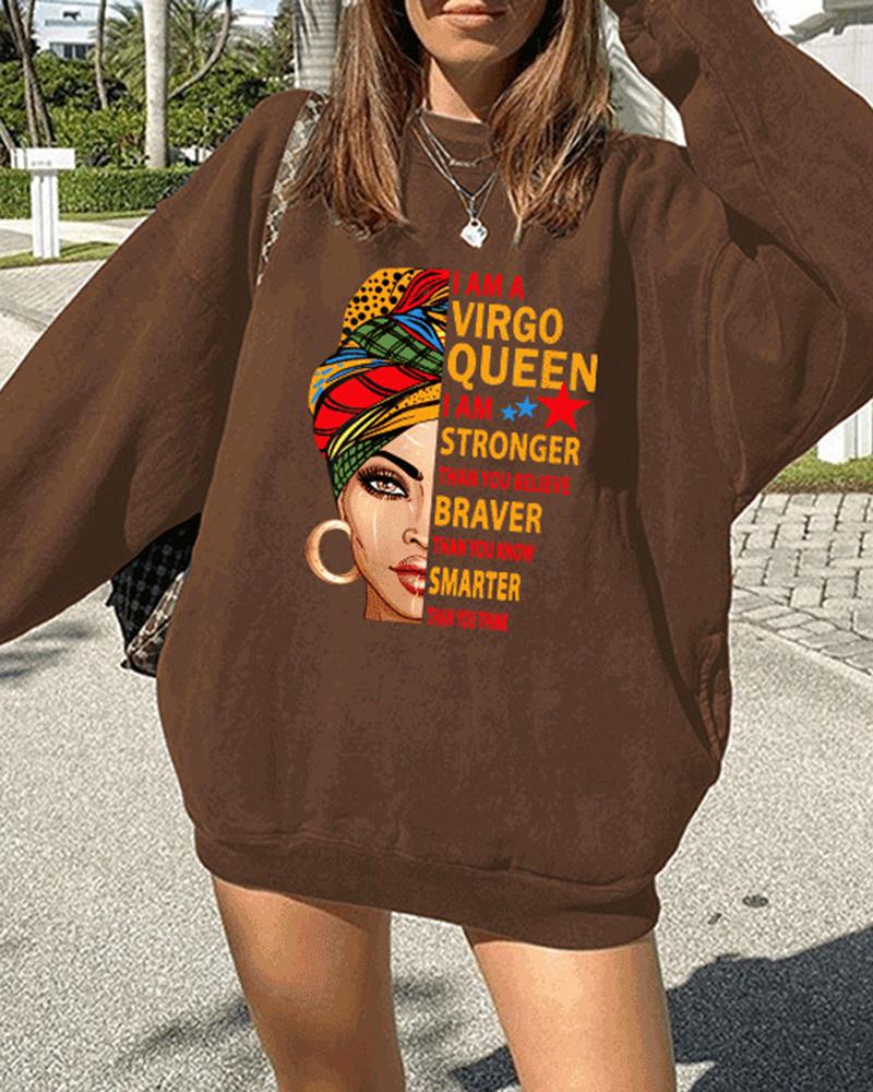 

Figure Letter Print Long Sleeve Sweatshirt, Coffee