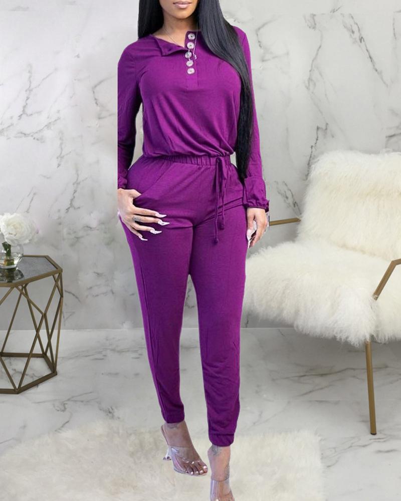 

Button Design Casual Top & Pants Set, Purple