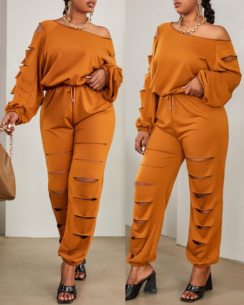 

Ladder Cutout Long Sleeve Top & Drawstring Pants Set, Brown