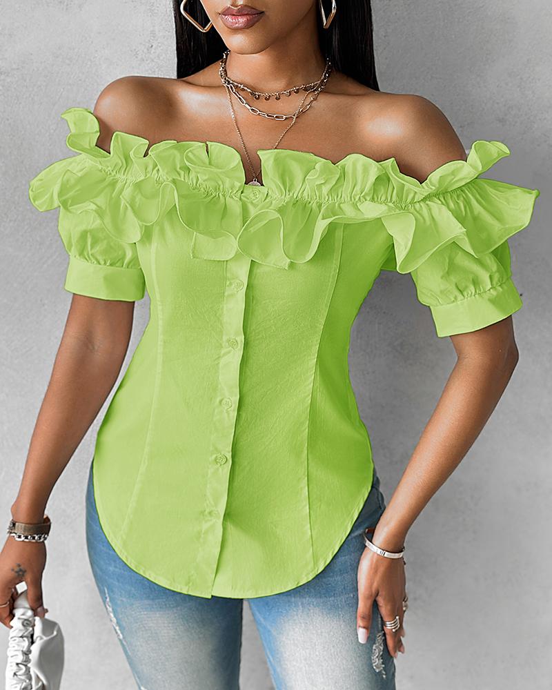 

Off Shoulder Layered Ruffles Button-down Asymmetrical Hem Top, Green