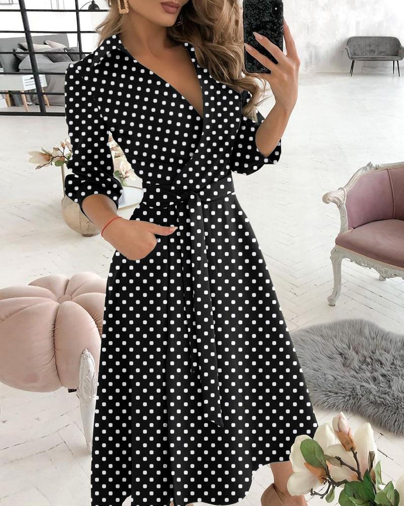 

Long Sleeve Polka Dot Print Wrap Dress With Belt, Black