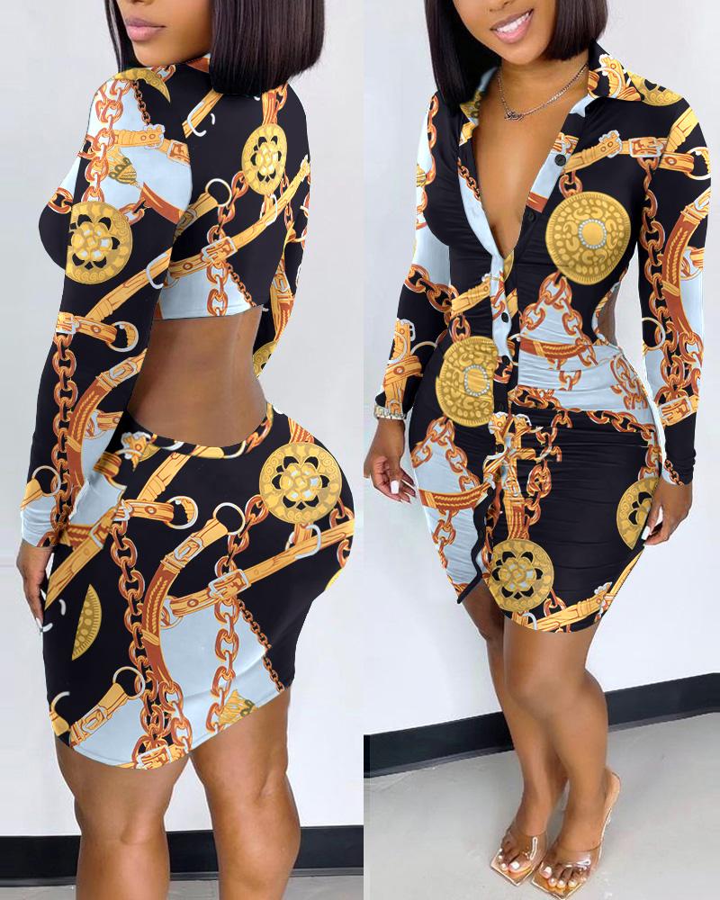 

Chain Baroque Print Cutout Back Ruched Shirt Dress, Black