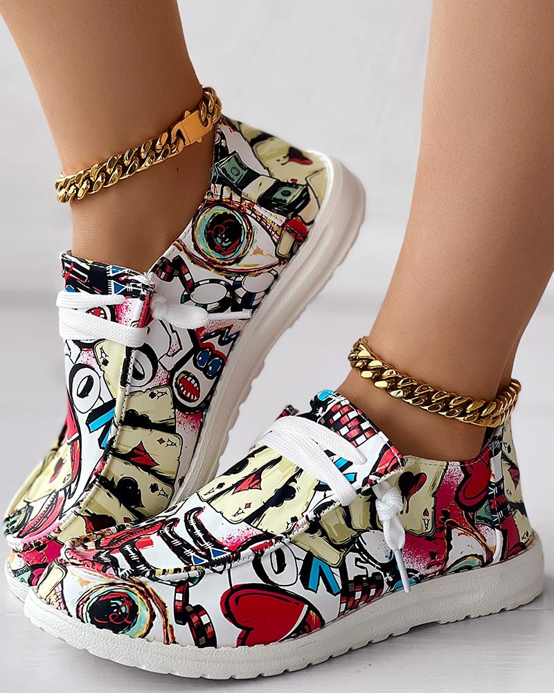 

Love Poker Card Print Lace-up Slip-On Loafers, Red