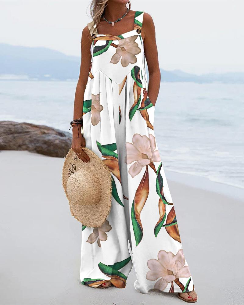 

Plants Print Wide Leg Suspender Jumpsuit, White