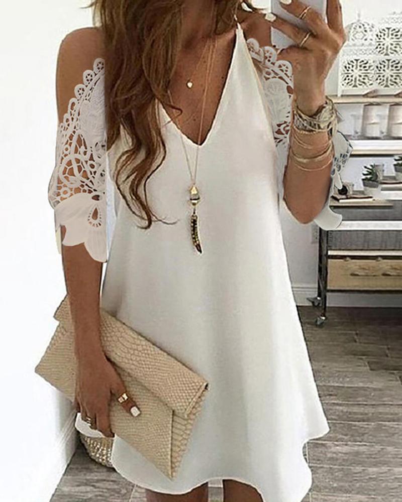 

Cold Shoulder Crochet Lace Casual Dress, White