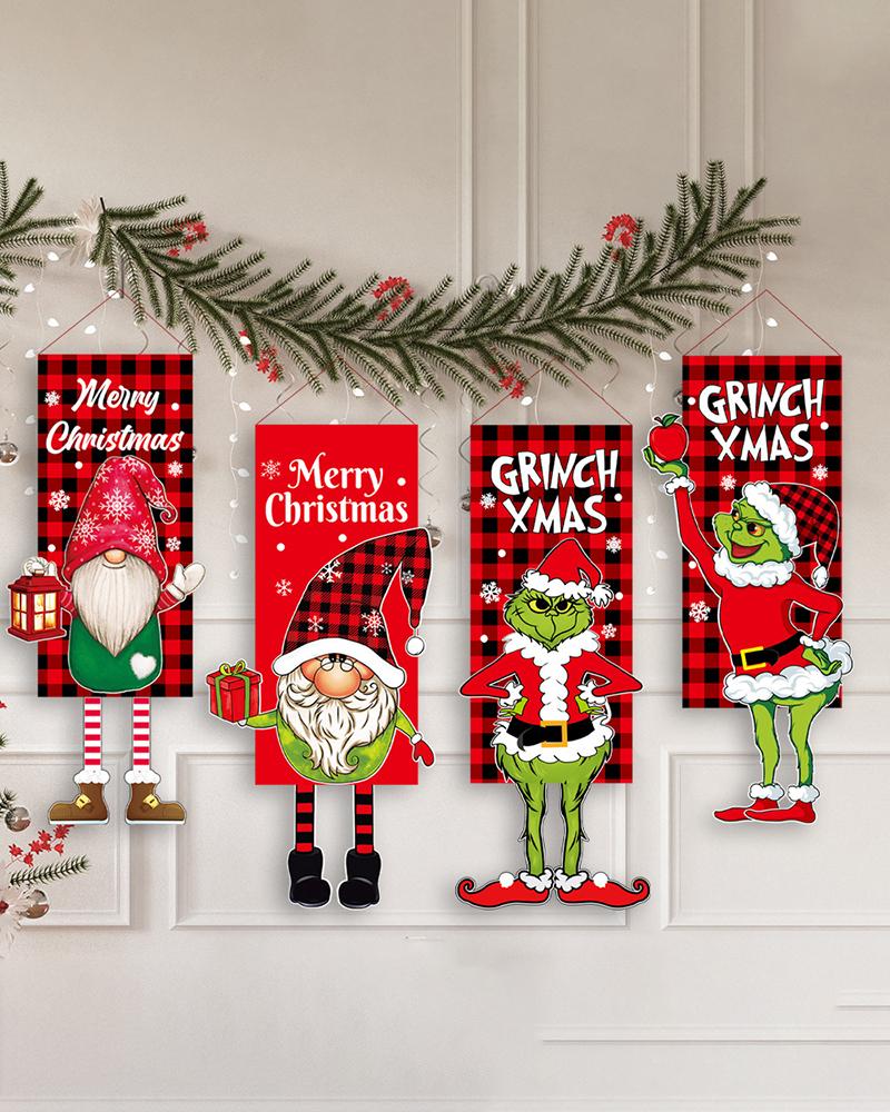 

4pc Christmas Garden Ornaments Elk Cartoon Doll Hanging Flag Decorations Set, Red