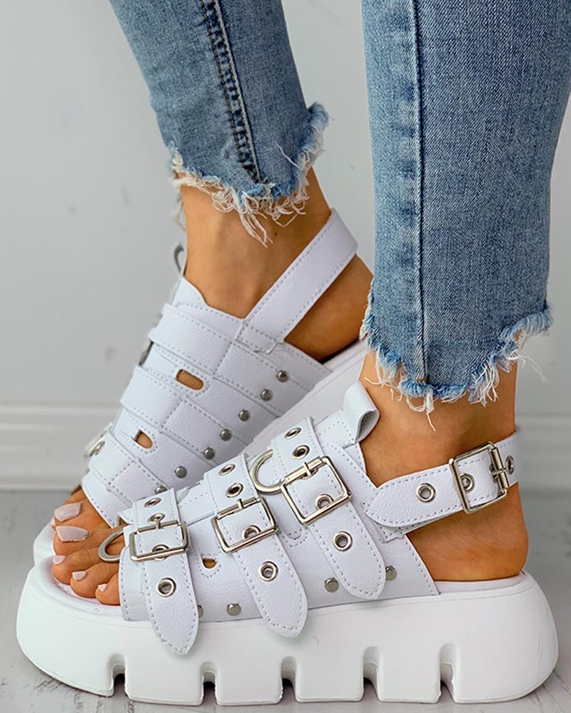 

Eyelet Buckled Peep Toe Flatform Sandals, White