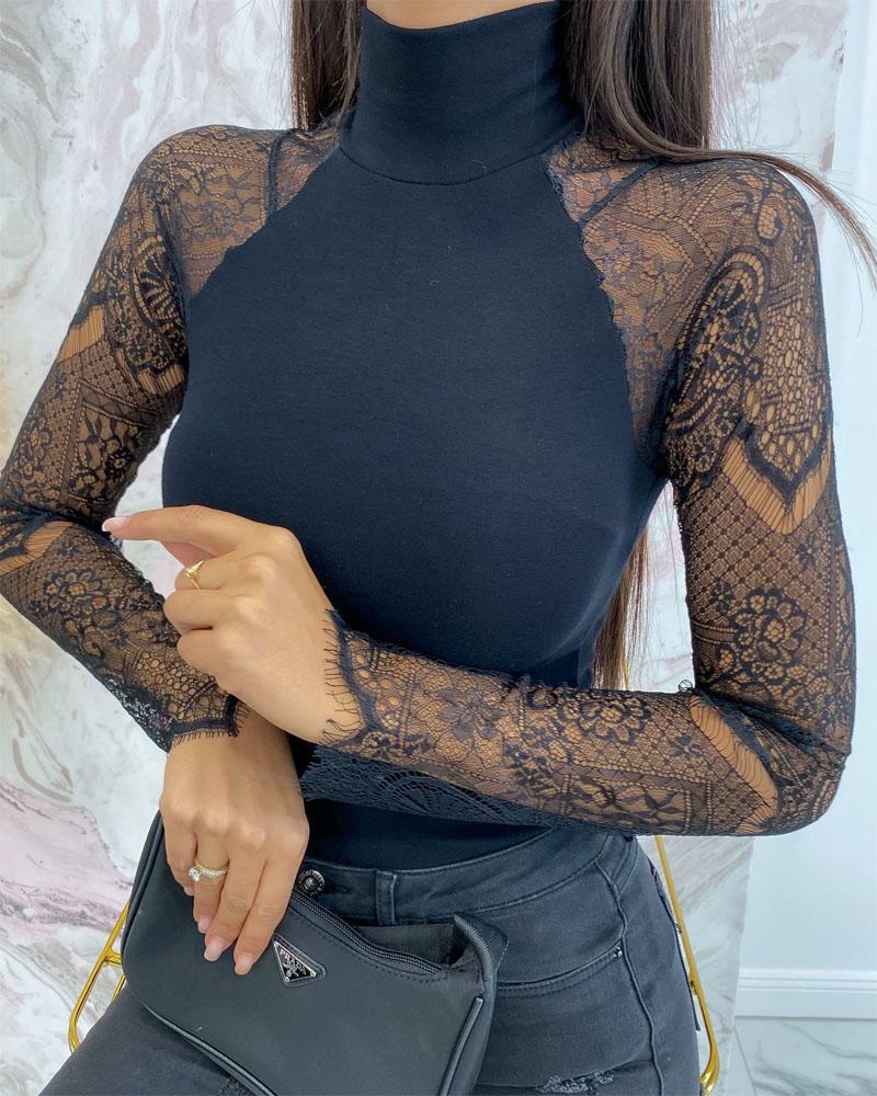 

Contrast Lace High Neck Long Sleeve Top, Black