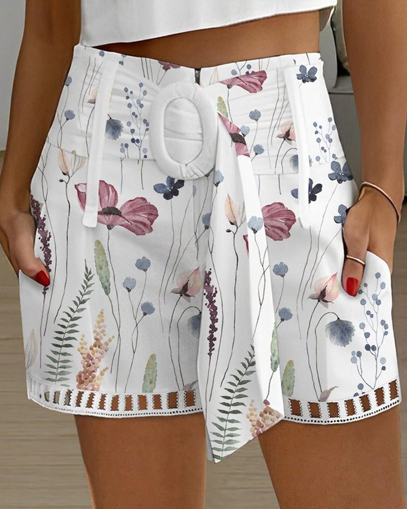 

Floral Print Belted Hollow Out Shorts, White
