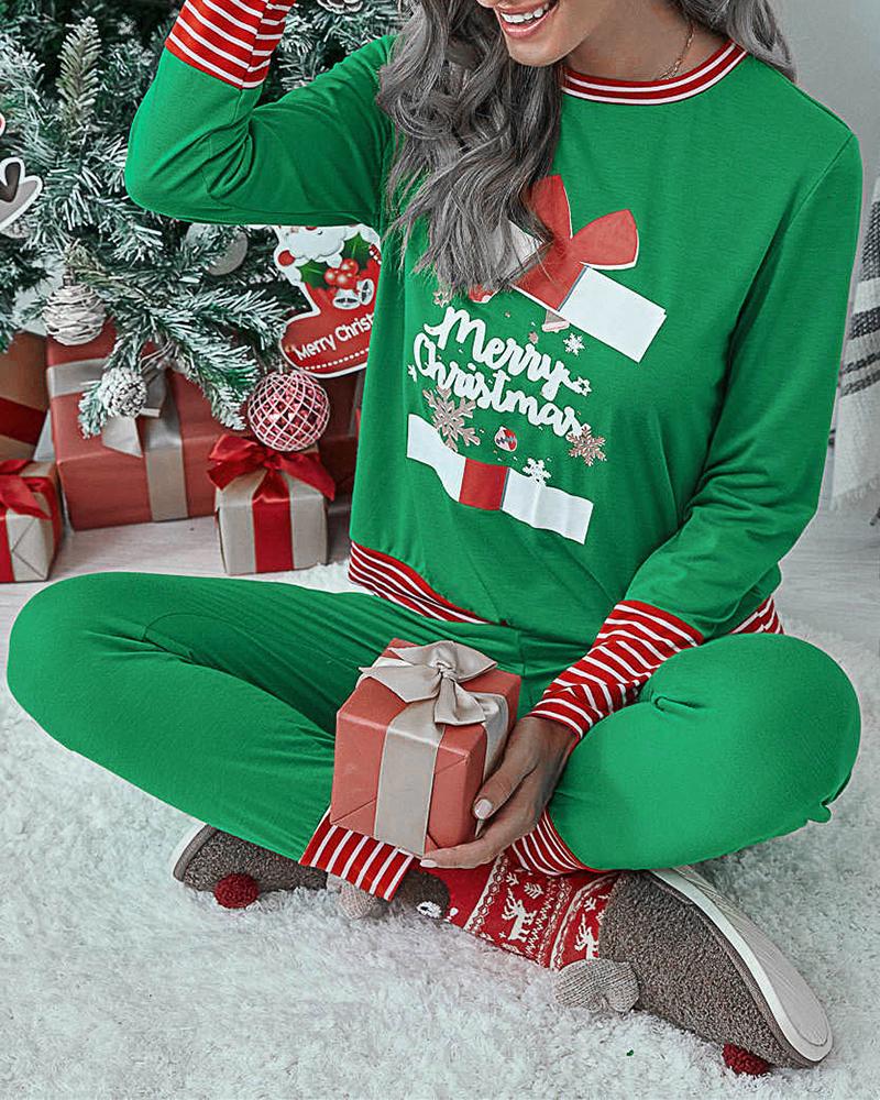 

Christmas Long Sleeve Striped Letter Print Pajamas Set, Green
