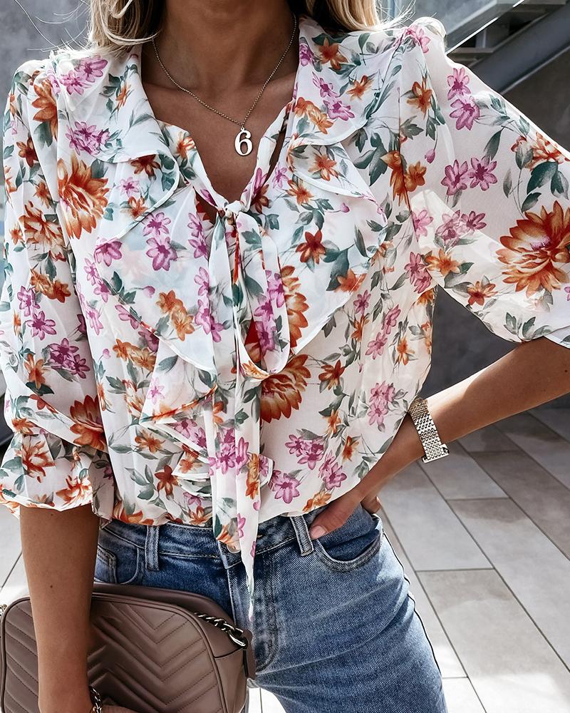 

Ruffle Hem Floral Print Tied Detail Top, White