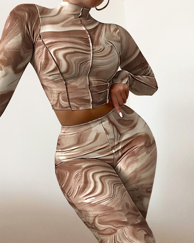 

Abstract Print Long Sleeve Top & High Waist Skinny Pants Set, Brown