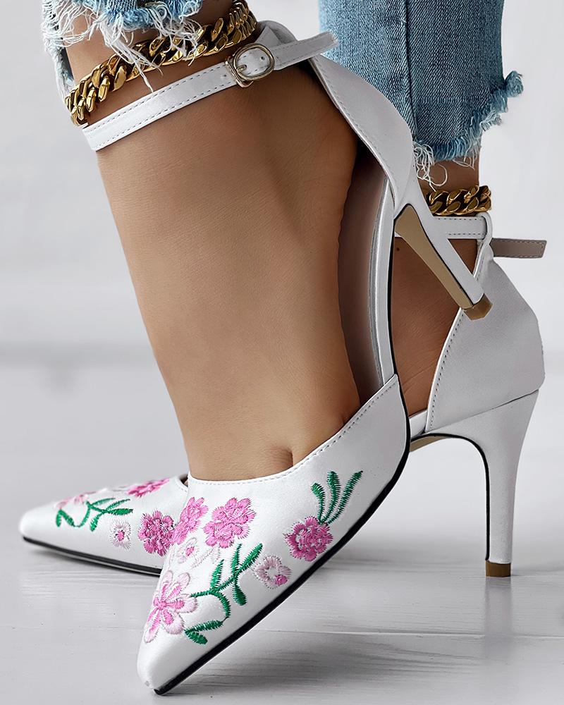 

Floral Embroidery Ankle Strap Stiletto Heels Pumps, White