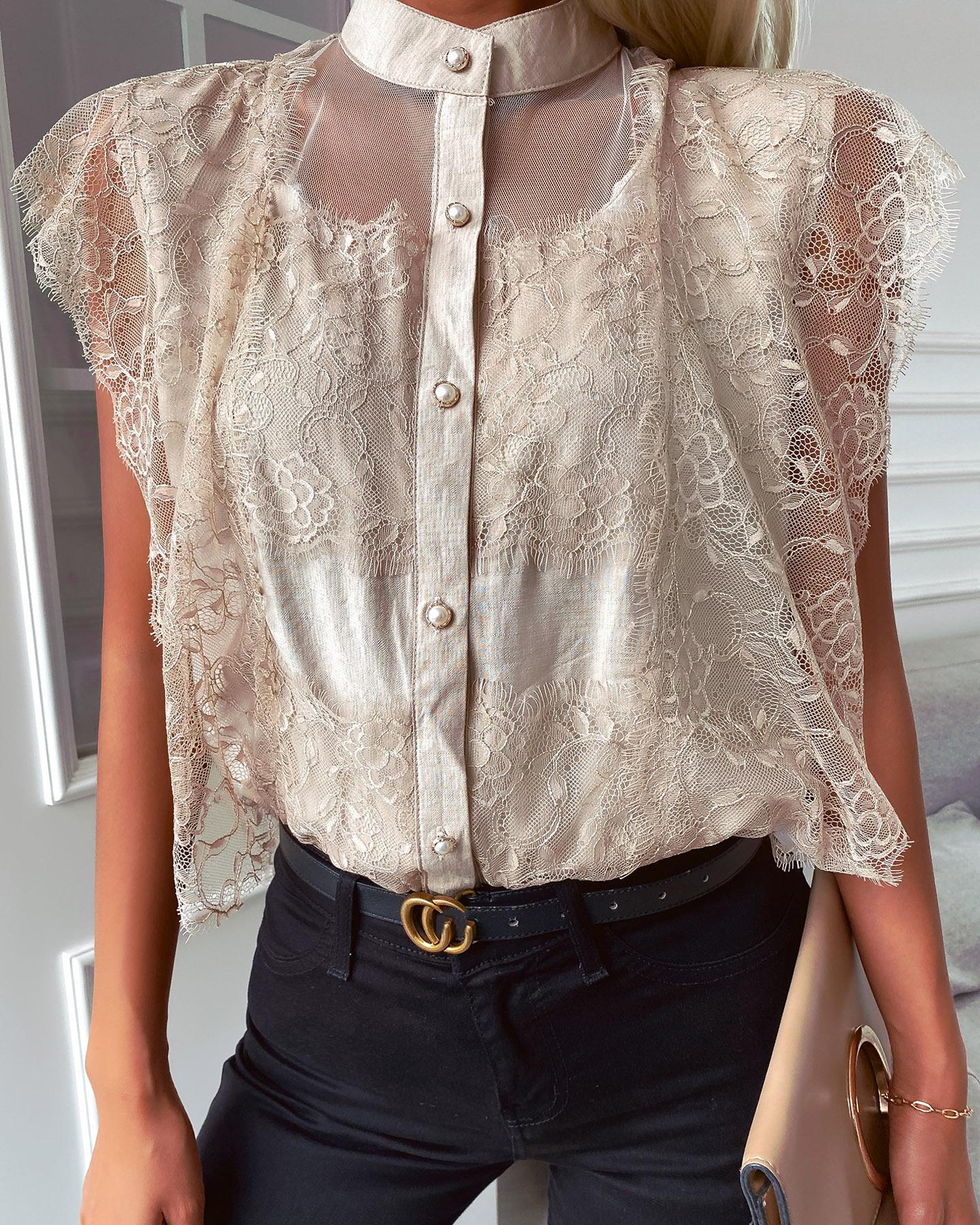 

Plain Sleeveless Button Design Lace Top, Apricot