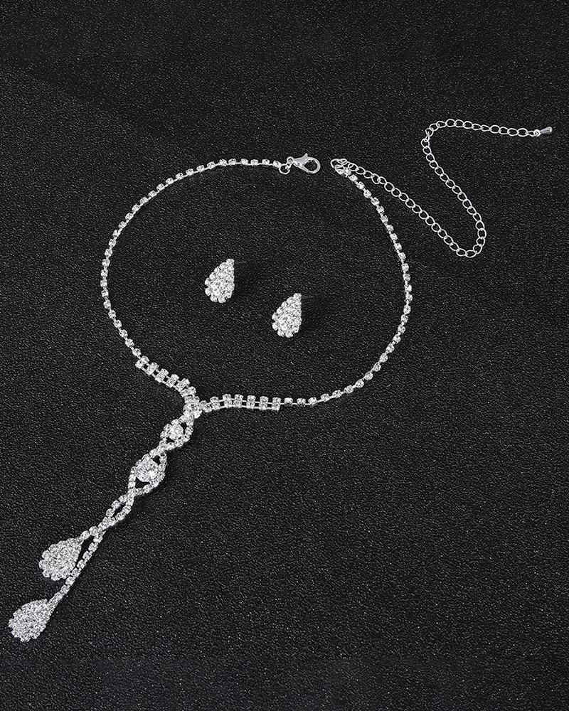 

2pcs Teardrop Tassel Rhinestone Necklace & Earrings Jewelry Set, Silver