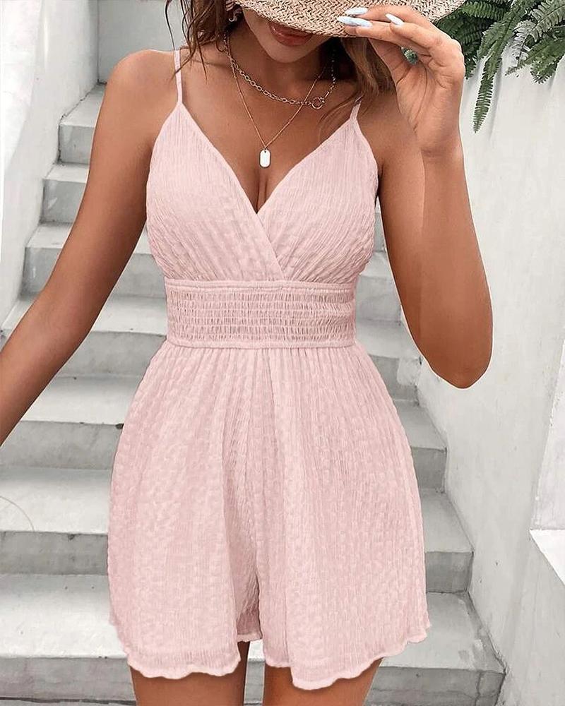 

Shirred Spaghetti Strap Textured Romper, Pink