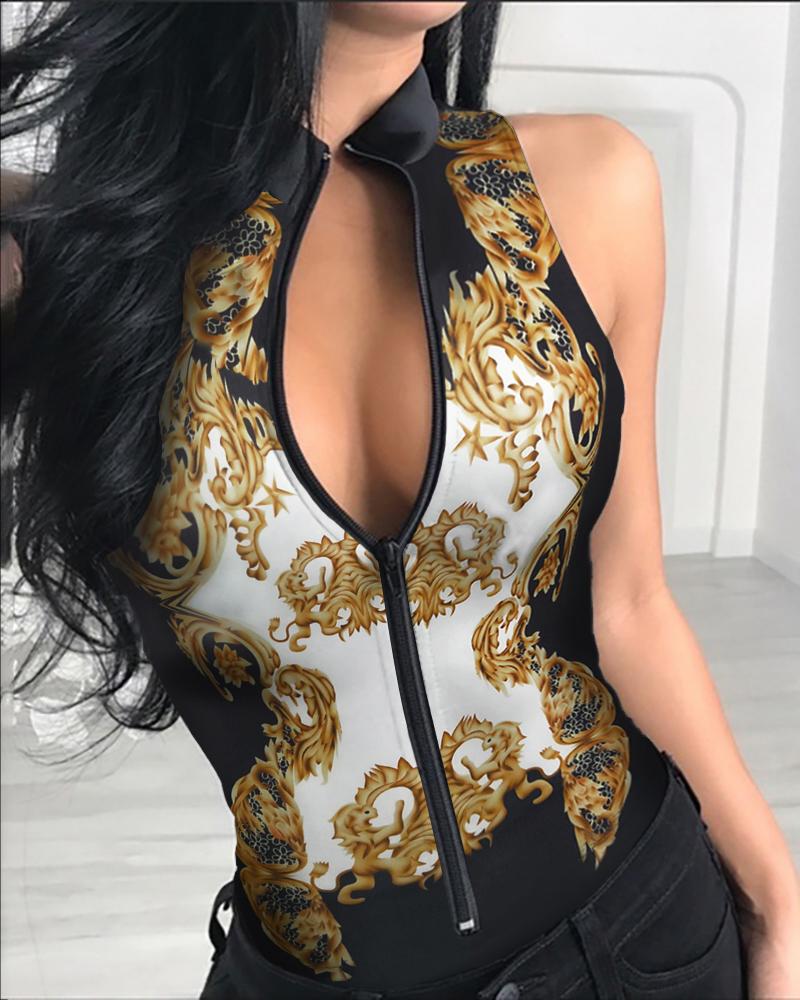 

Zipper Front Baroque Print Sleeveless Bodysuit, Black