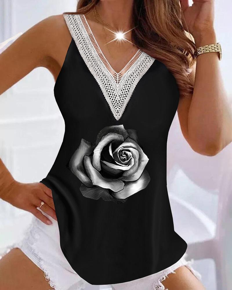 

Floral Print Contrast Lace V-Neck Tank Top, Black