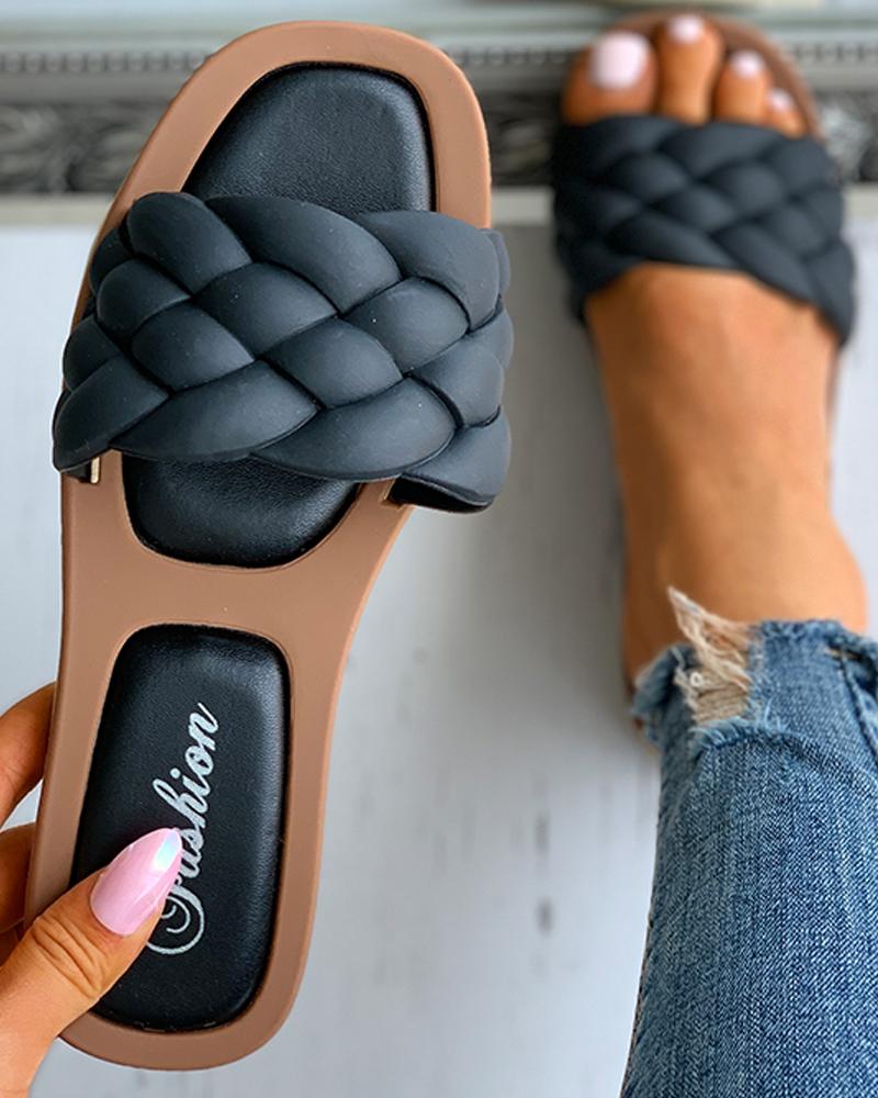 

Braided Square Toe Casual Flat Slippers, Black