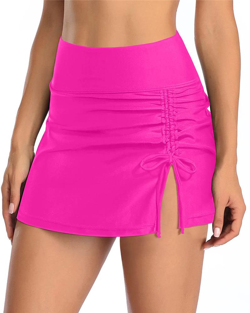 

High Waist Drawstring Slit Bikini Bottom Swim Skorts, Hot pink