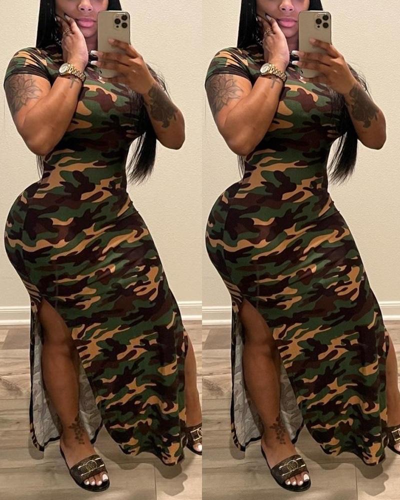 

Camouflage Print Slit Maxi Dress, Green