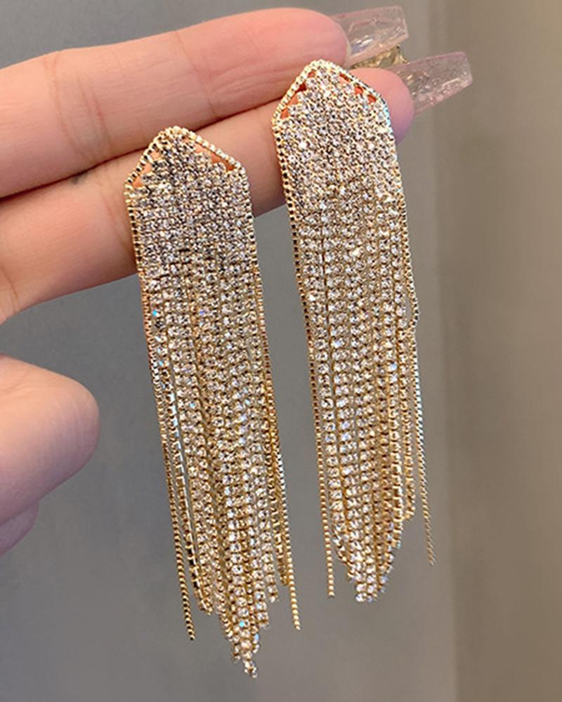 

1Pair Allover Rhinestone Tassel Drop Earrings, Gold