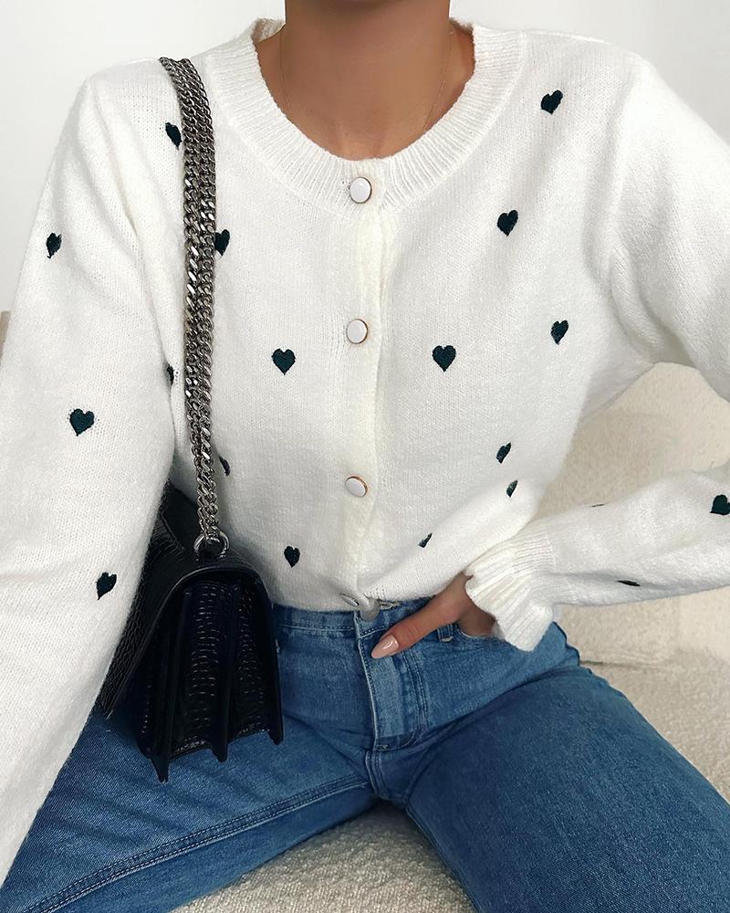 

Heart Pattern Buttoned Fuzzy Cardigan, White