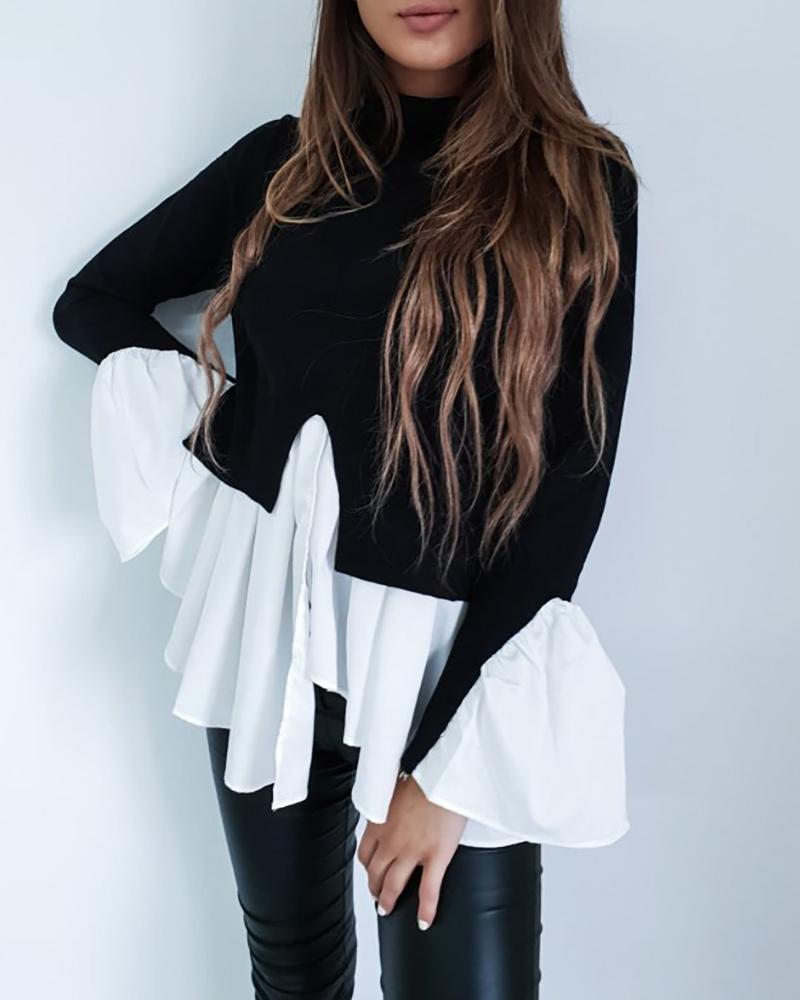 

Colorblock Insert Ruffles Long Sleeve Blouse, Black