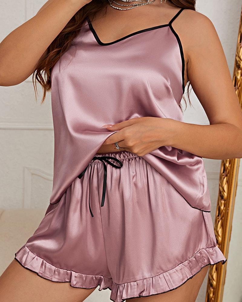 

Plus Size Contrast Binding Frill Hem Cami Set, Pink