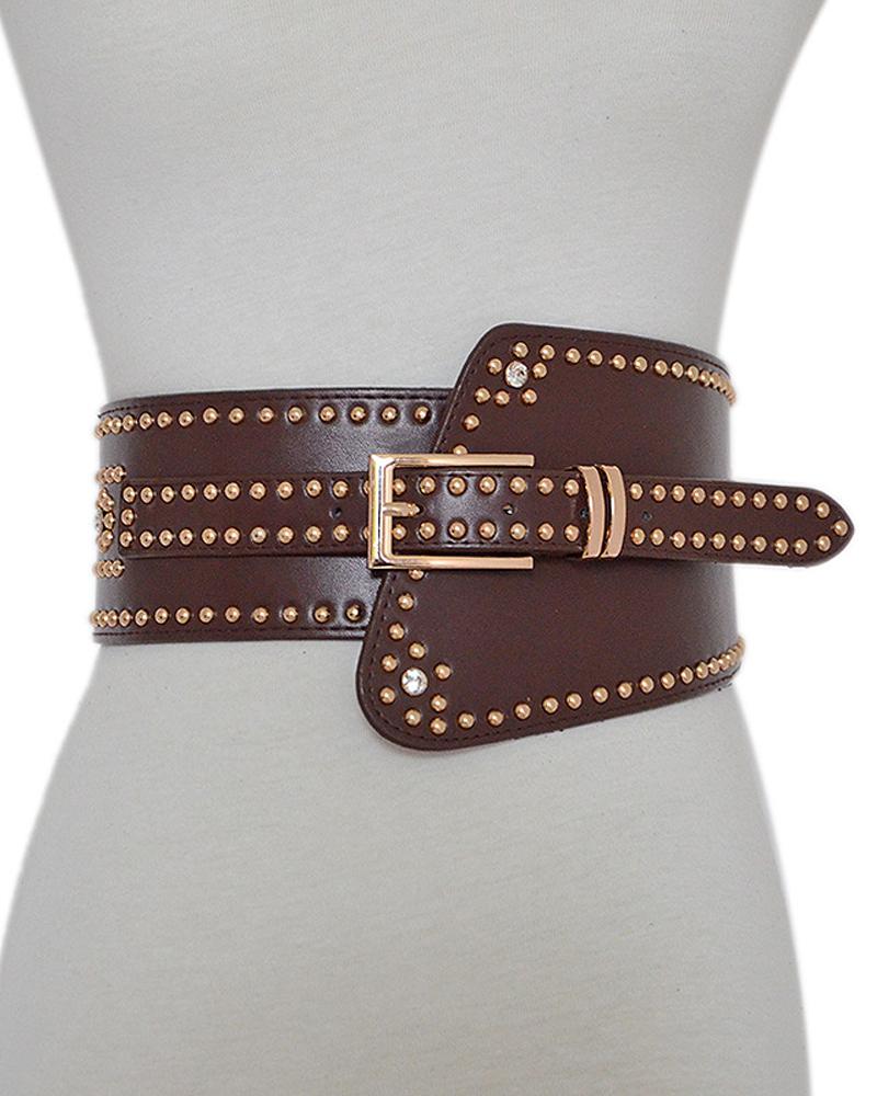 

1pc Asymmetrical Studded Decor Wide Belt, Coffee