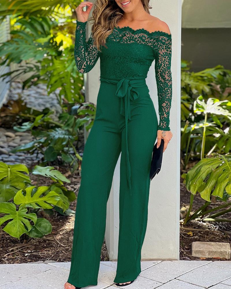 

Combinaison décontractée à manches longues et épaules dénudées, en dentelle à cils, coupe slim, avec fermeture éclair dans le dos et ceinture, Dark green