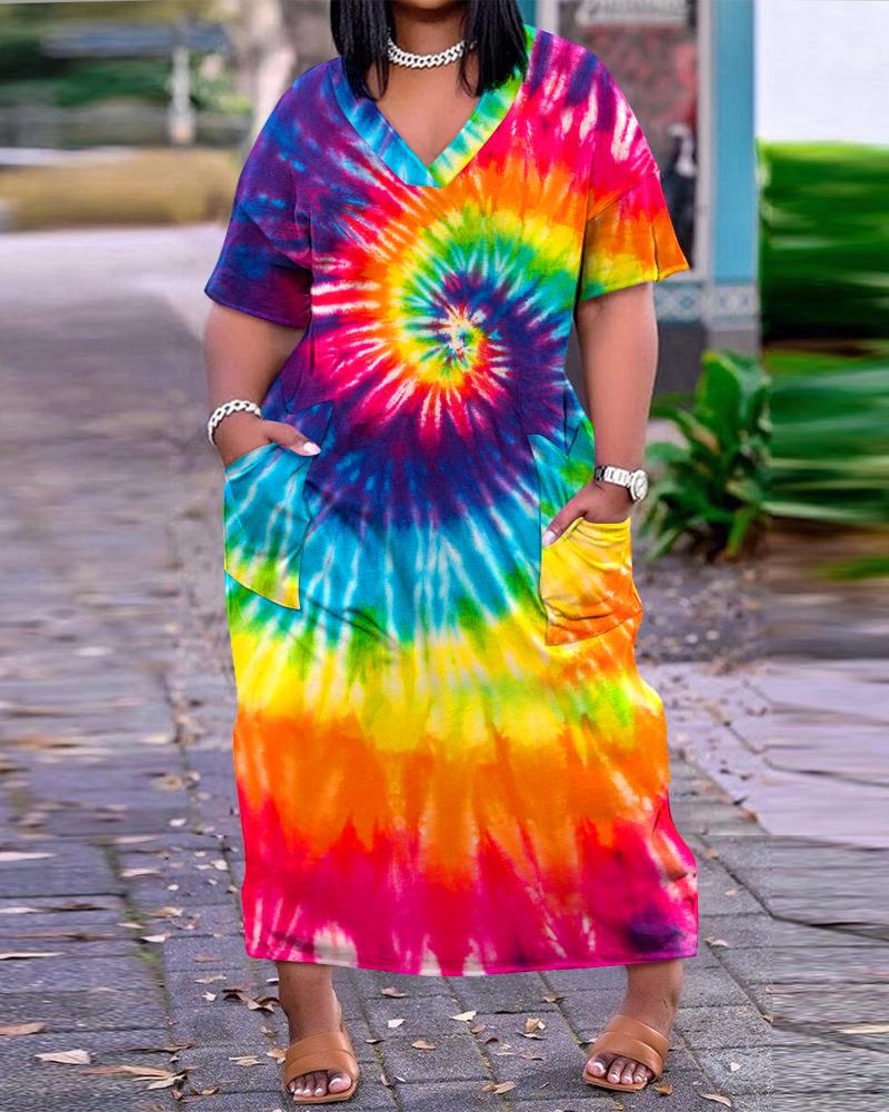 

Plus Size Tie Dye Print Pocket Design Casual Dress, Multicolor