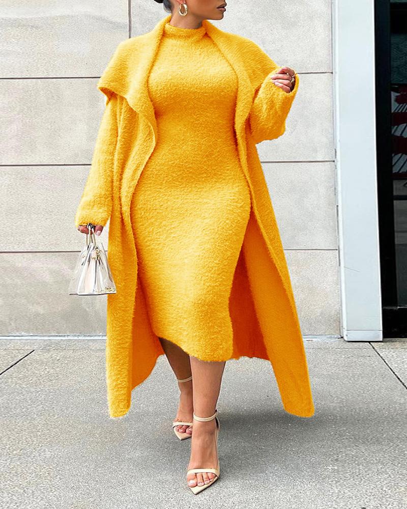 

Plus Size Fluffy Midi Dress With Longline Coat, Yellow