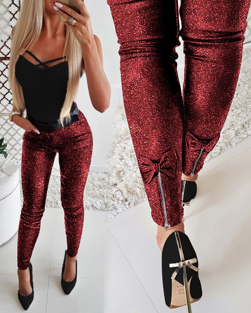 

Glitter Bowknot Design Zipper Sequins Pant, Red