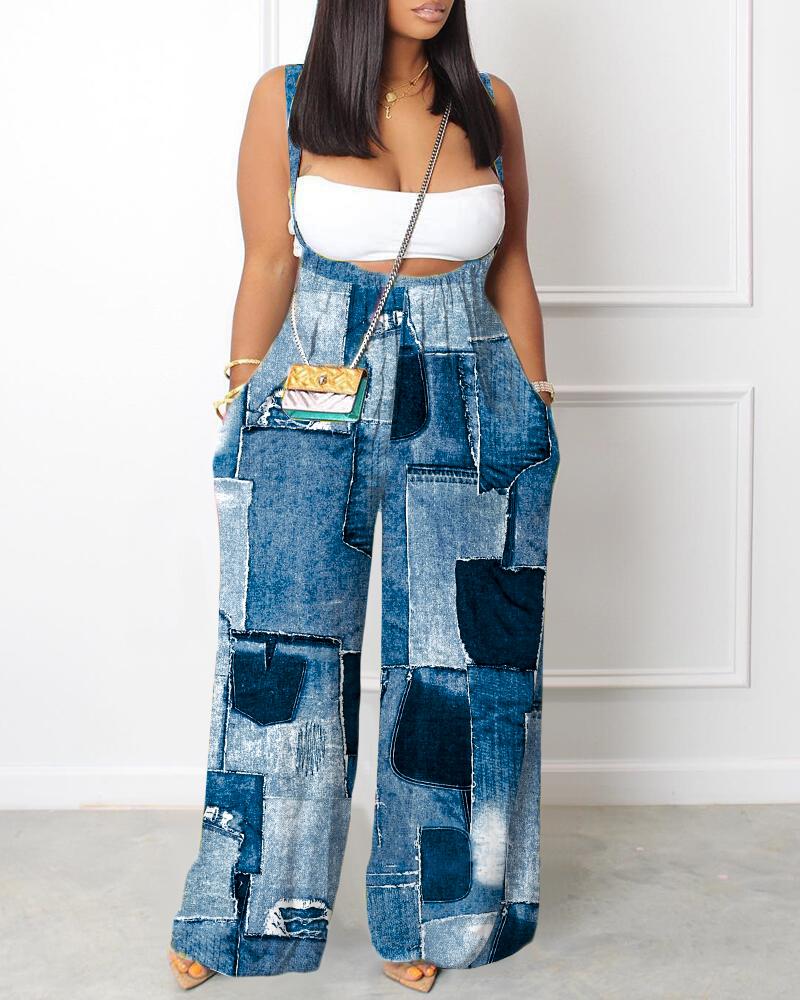 

Denim Look Print Wide Leg Suspender Jumpsuit, Blue