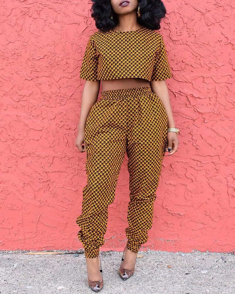 

Print Short Sleeve Crop Top & Pant Sets, Yellow