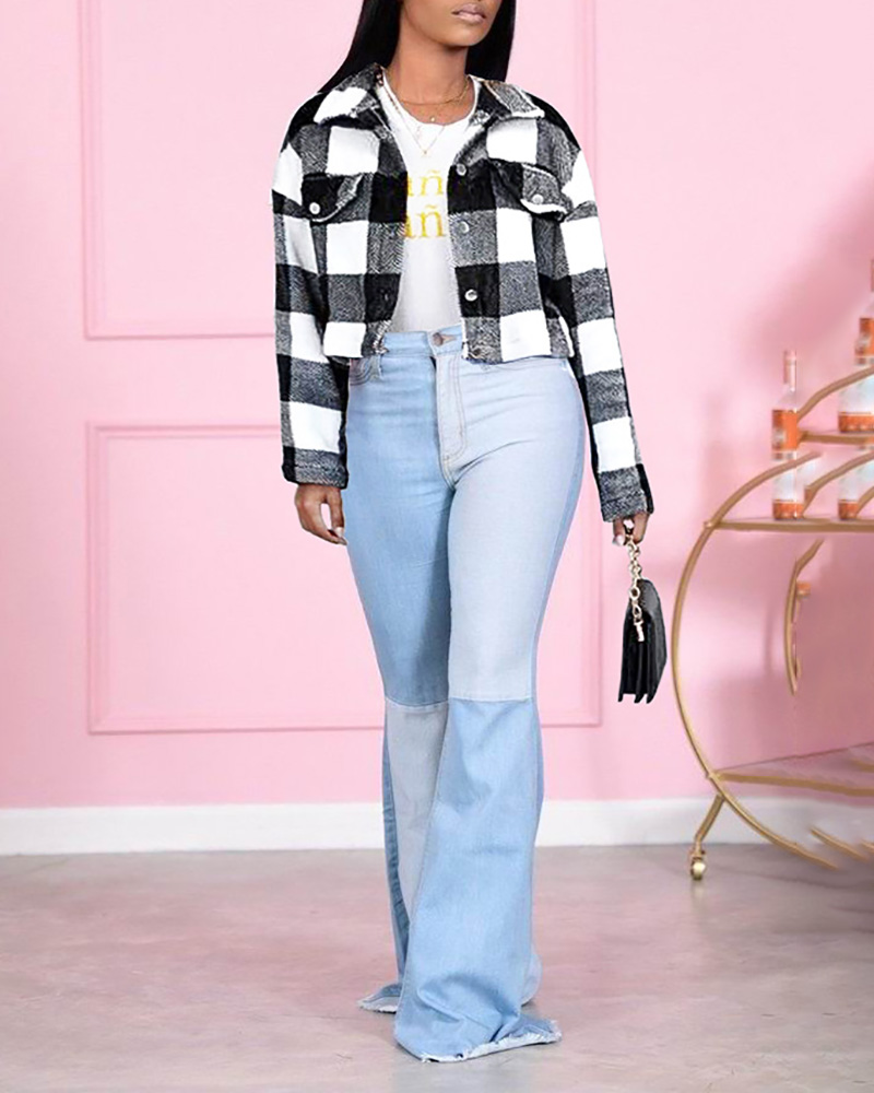 

Plaid Print Buttoned Long Sleeve Shacket, Black