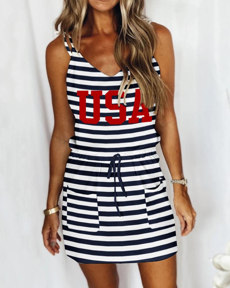 

Pocket Design Drawstring Striped Letter Print Casual Dress, Dark blue
