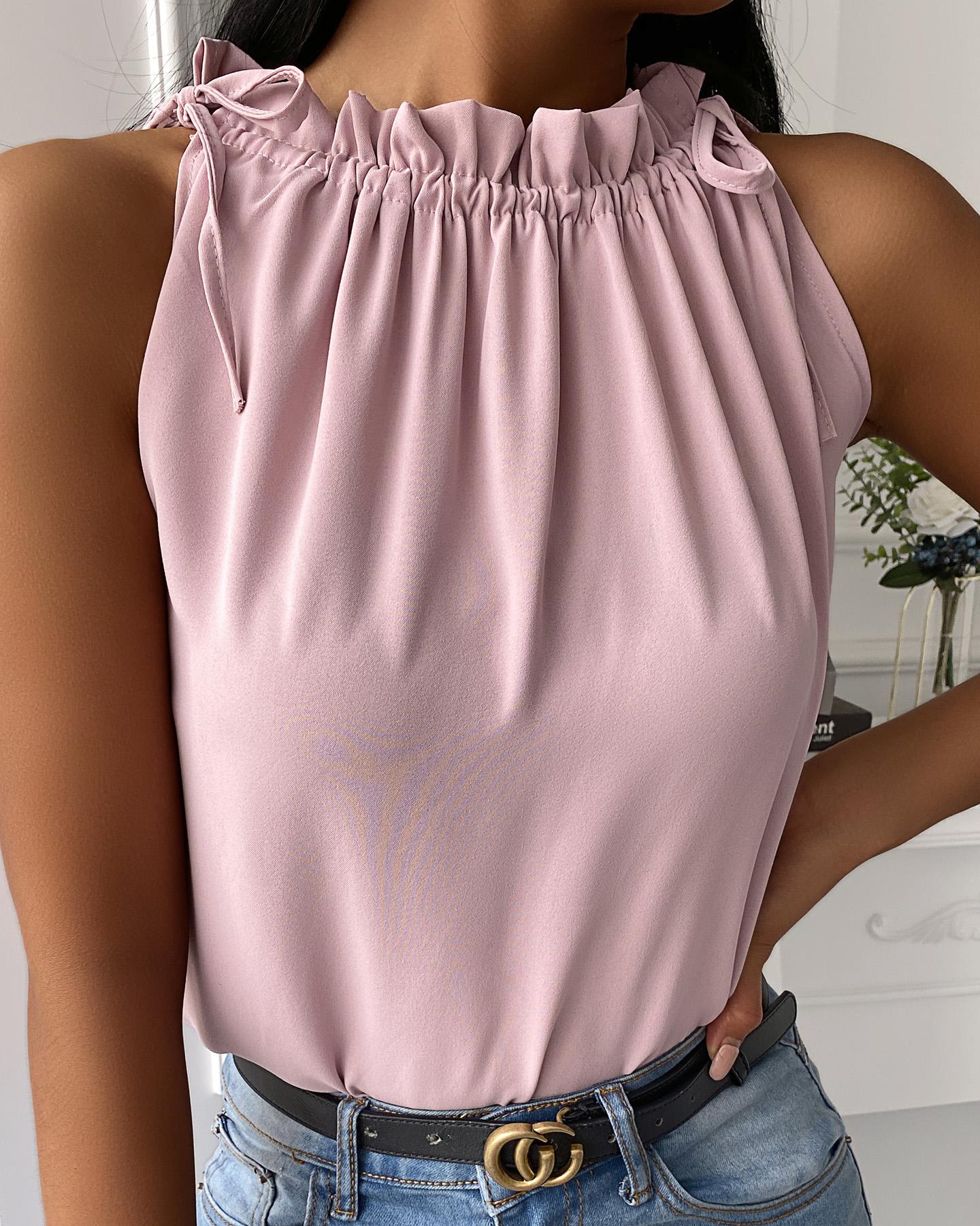 

Solid Ruffles Sleeveless Loose Chiffon Tanks, Pink